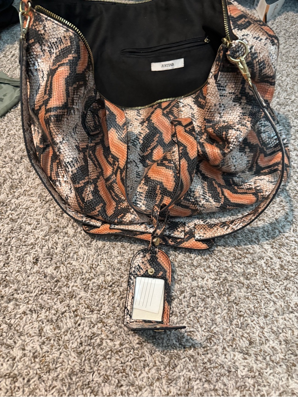 JustFab Orange and Black Snakeskin-Print Shoulder Hobo